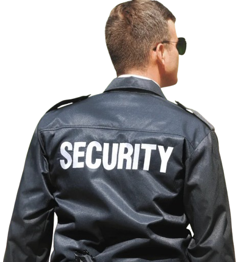 Security guard in a black uniform jacket