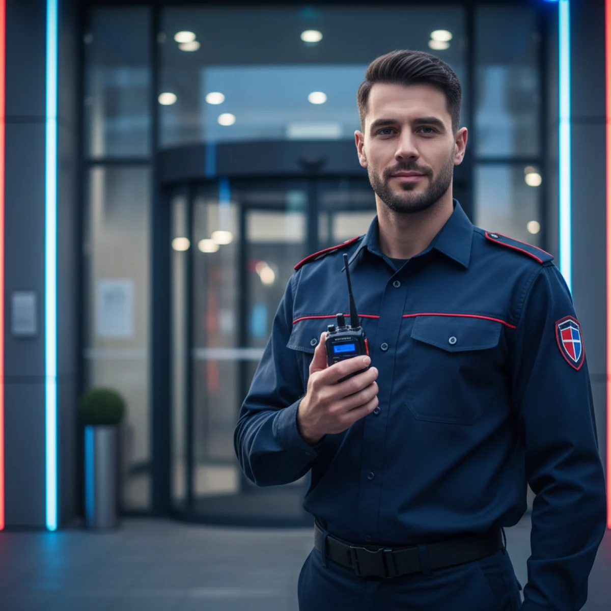 Security guard holding a two-way radio transmitter